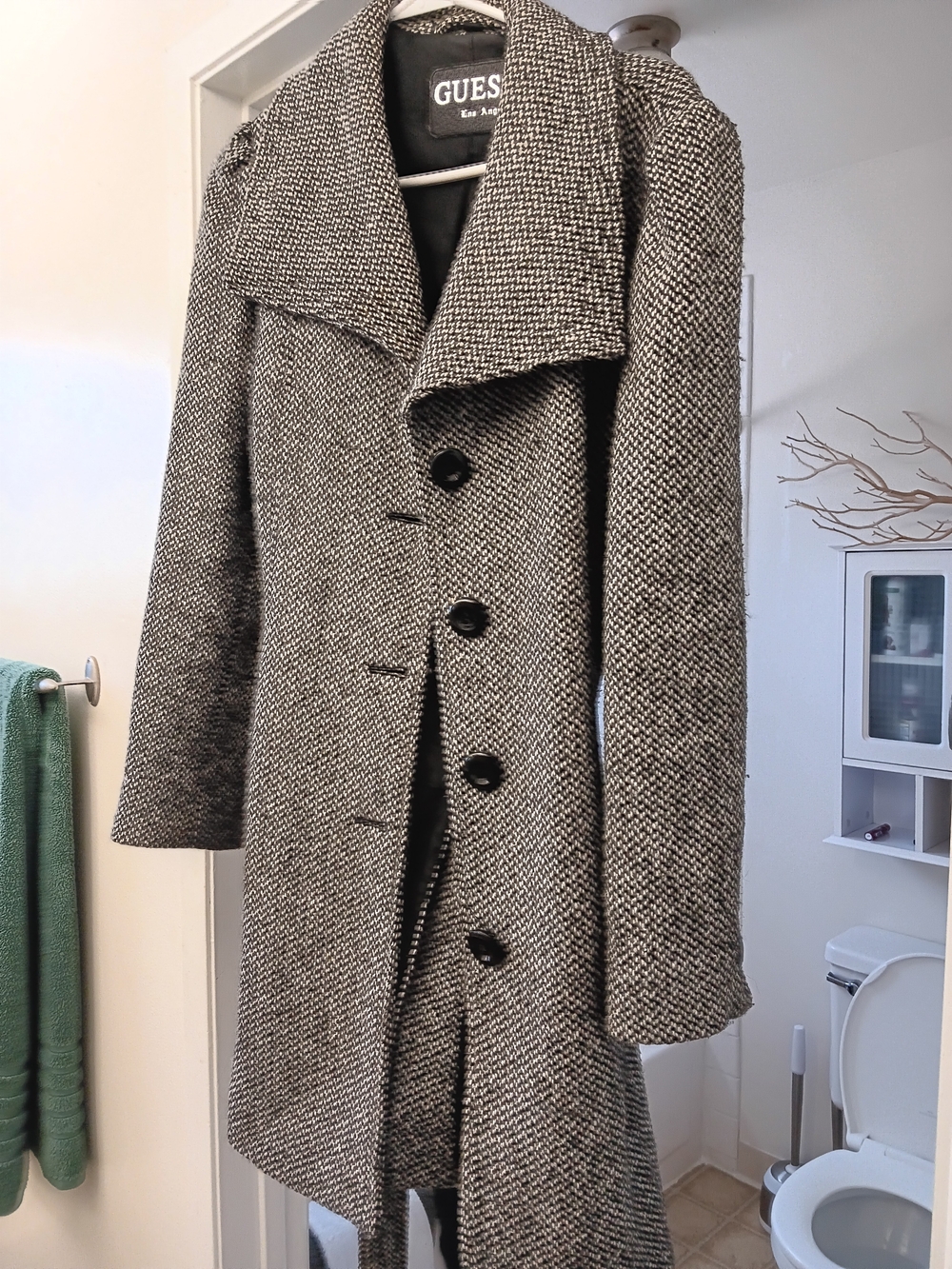 GUESS Black and White Herringbone Pea Coat